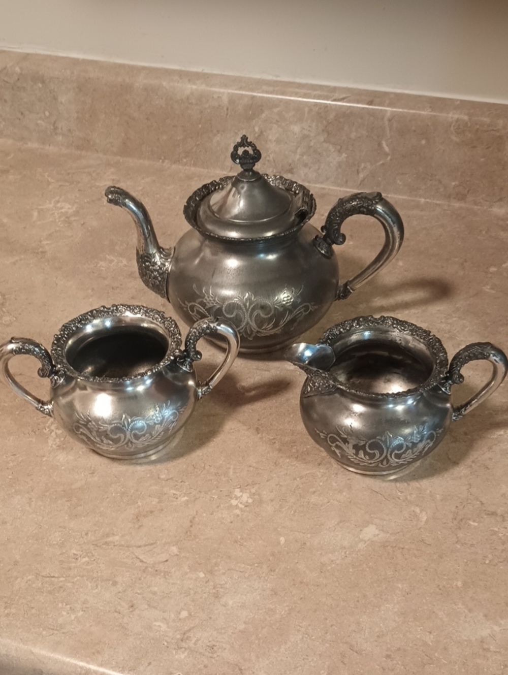 Antique Van Bergh Silverplate Three-Piece Tea Set - Teapot, Creamer, Sugar Bowl